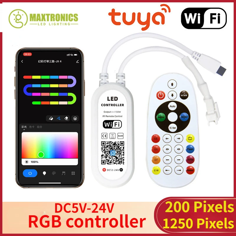 WS2811 WS2812B RGBIC LED Controller Tuya Wifi Music Bluetooth Remote Control 200/1250Pixels Smart Life for Alexa Google DC5V-24V