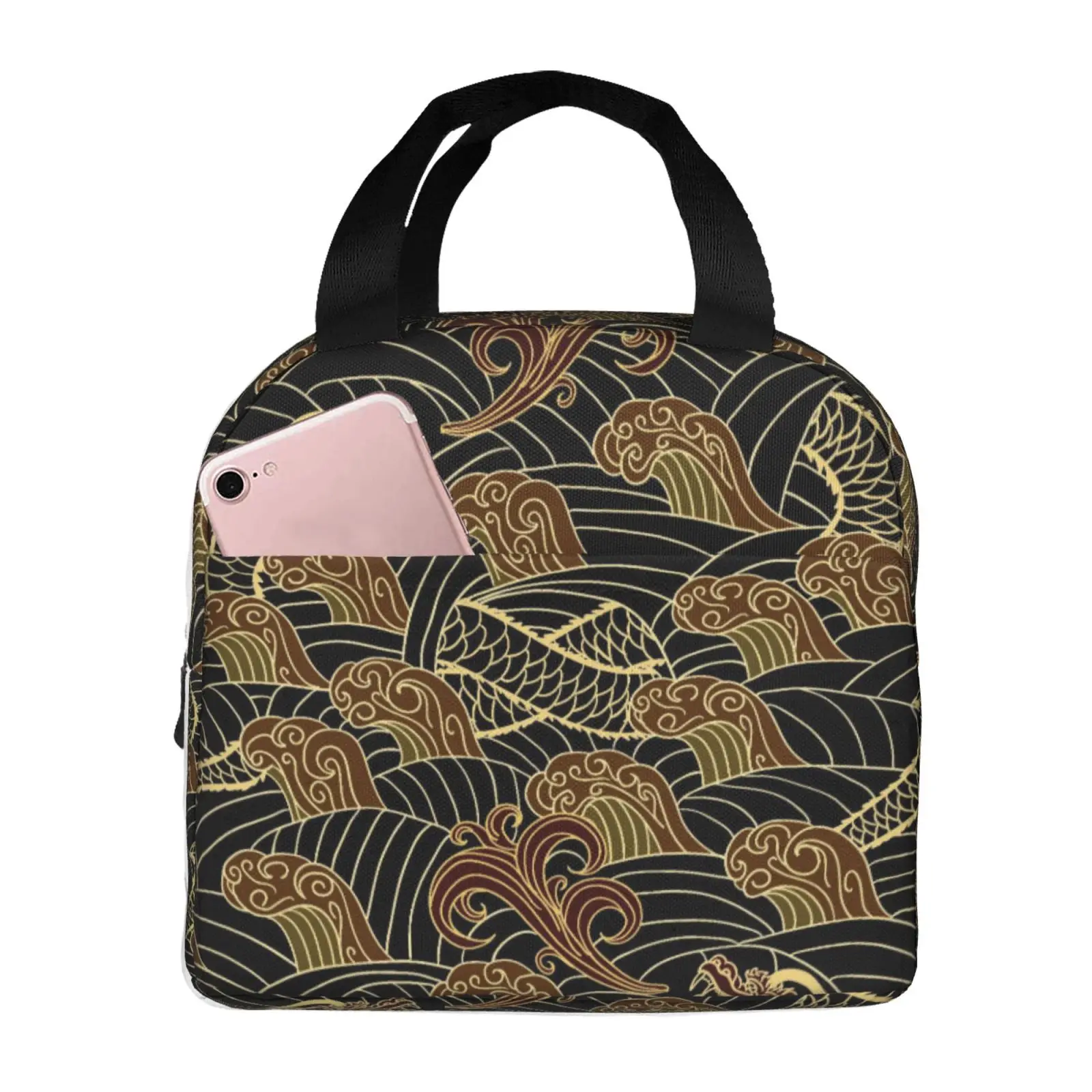 China Black Gold Dragons Print Portable Lunch Boxes Waterproof Thermal Cooler Food Insulated Lunch Bag Kids School Children