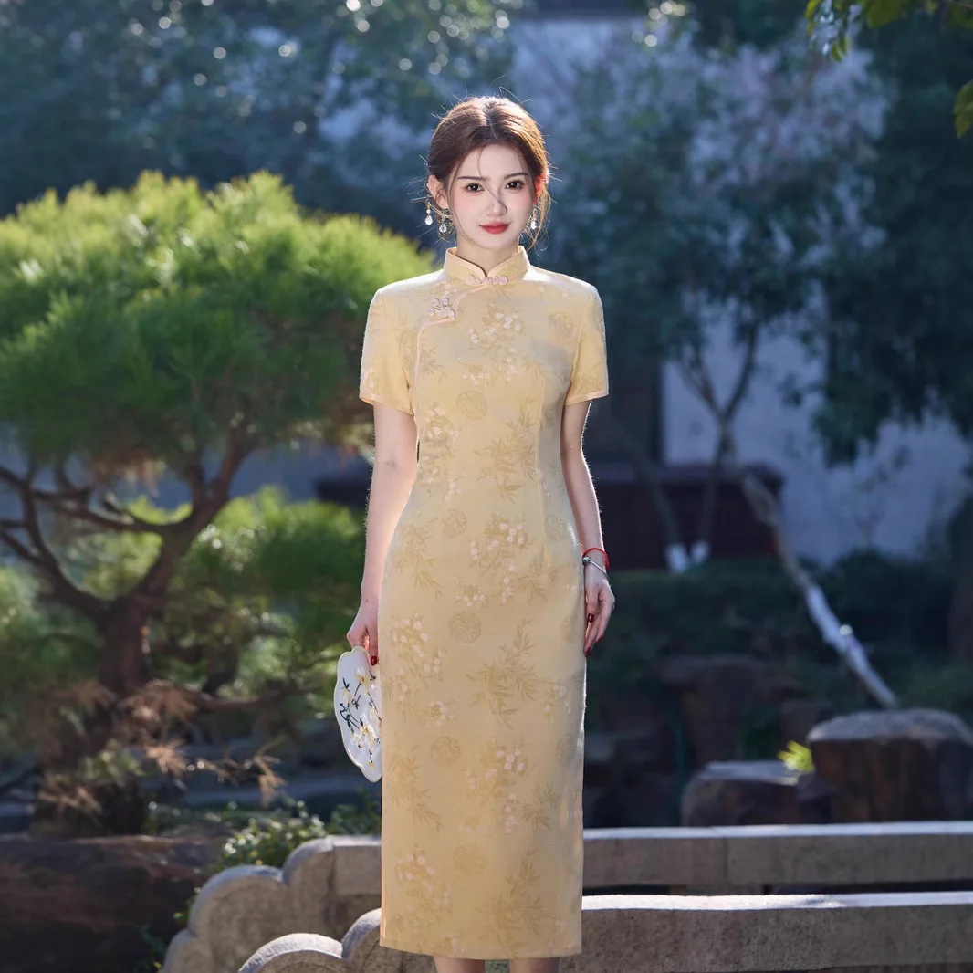 

Yourqipao 2023, весенне-летний новый стиль, бамбуковый льняной жаккардовый тисненый китайский Cheongsam средней длины для девочек