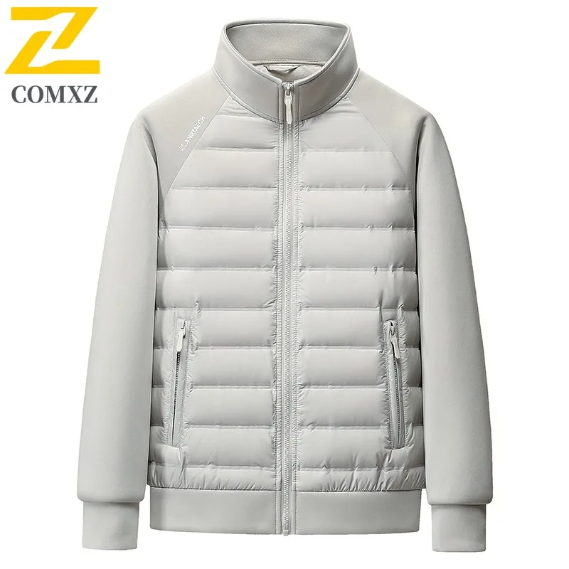 

COMXZ Мужское зимнее термопальто из 90% белого утиного пуха с вязаными рукавами, легкий воротник-стойка, водонепроницаемый и ветрозащитный пуховик 2025