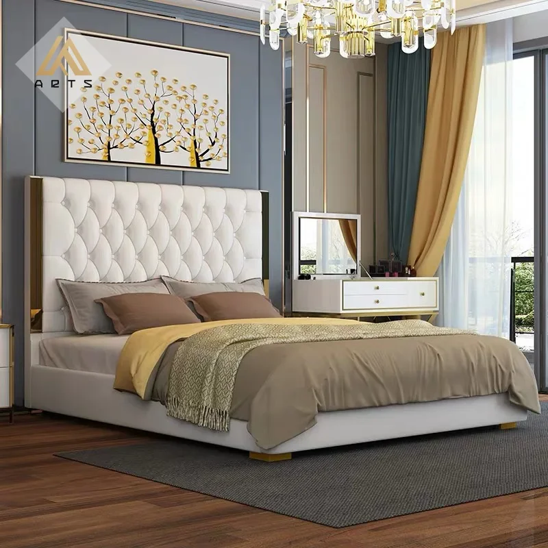 Modern Double Size Leather Beds with Tufted Headboard Lift Hydraulic Storage Features Soft Style Bed King