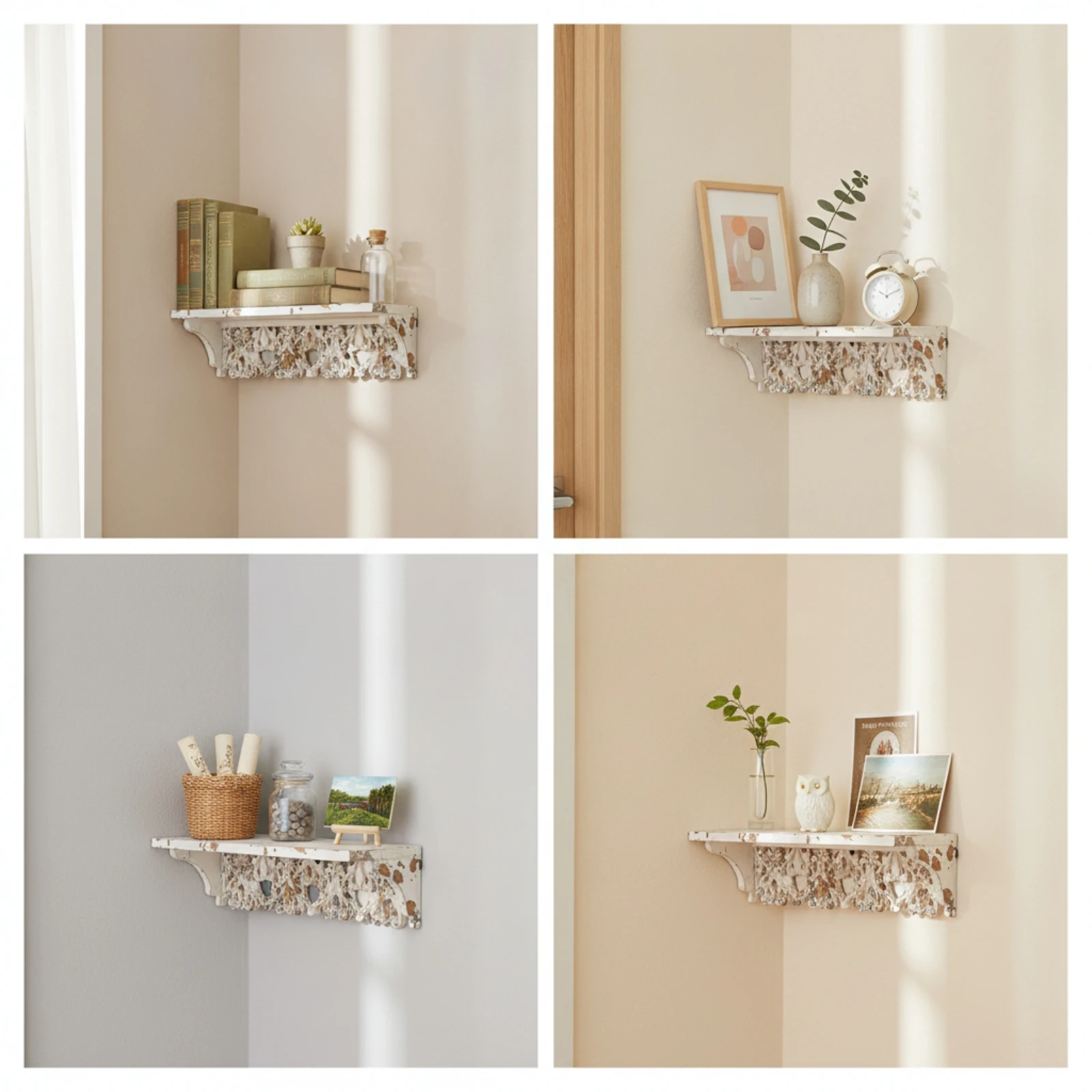 Scrollwork Wall Shelf Distressed Decorative Wall Shelf Rustic Space-Saving for Bedroom, Entryway