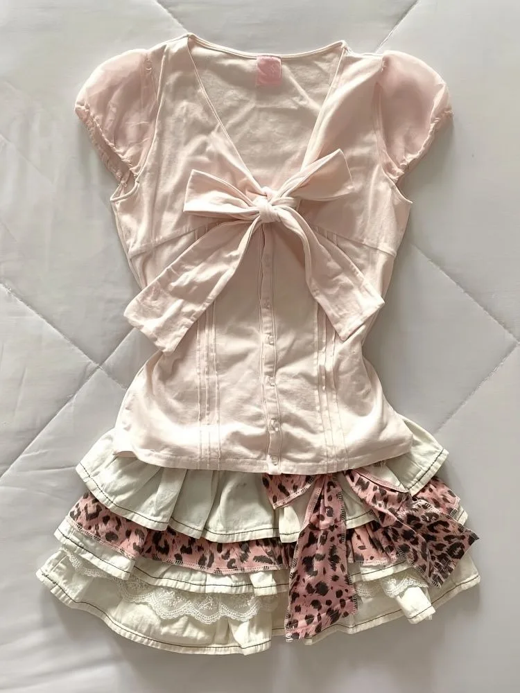 

Pink V-Neck Bow Short Sleeve T-Shirt Women+ Y2K High Waist Ruched Cake Skirts Sweet Summer New Two Piece Sets
