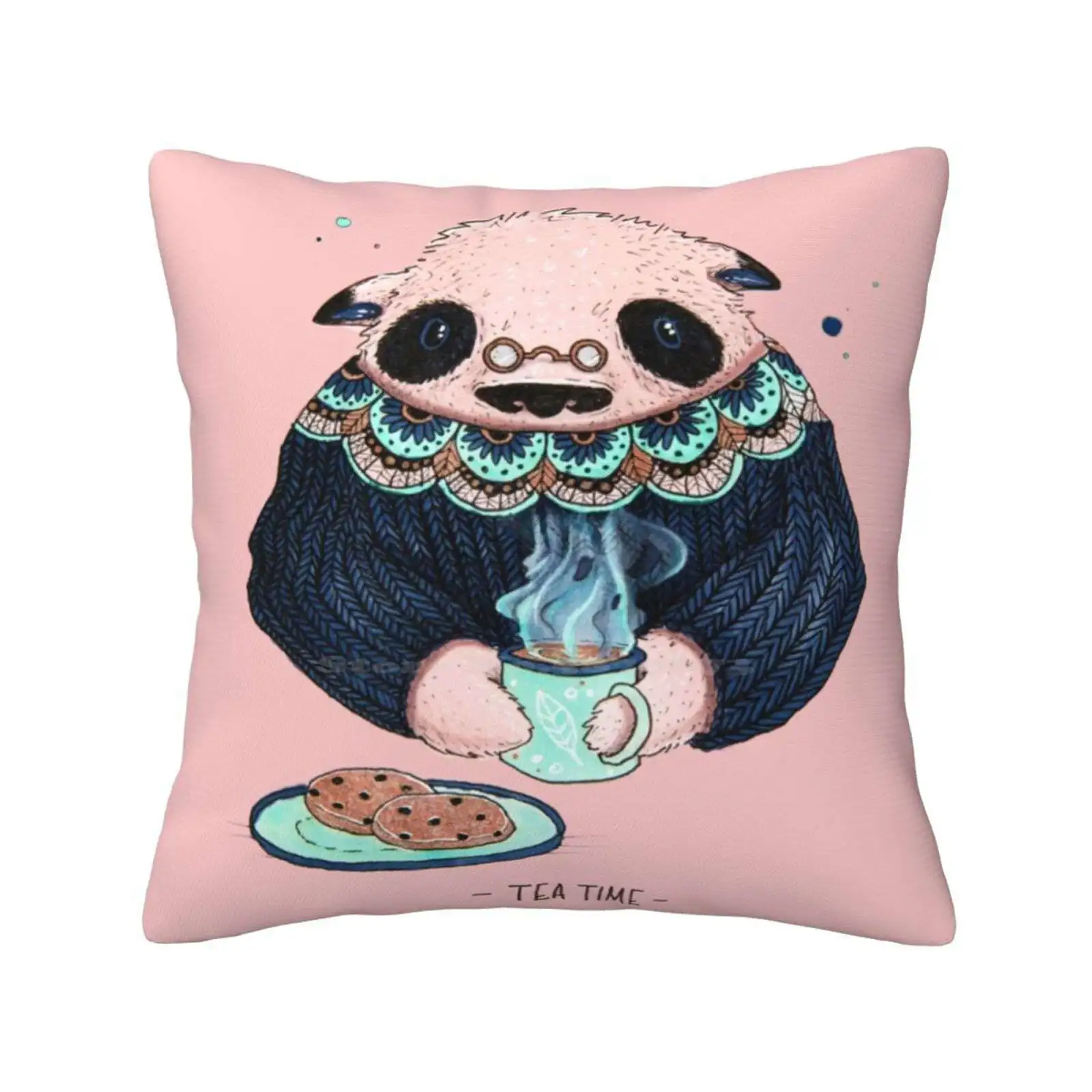 Tea Time Pillows Case Bedroom Home Decoration Sweet Kawaii Grandfather Panda Animal Cookies Pink Mint Green Glasses Old Cozy