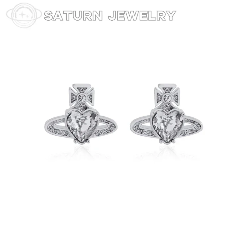 2024 New British High-end Jewelry Vivian Zircon Heart Saturn Earrings Feminine Temperament