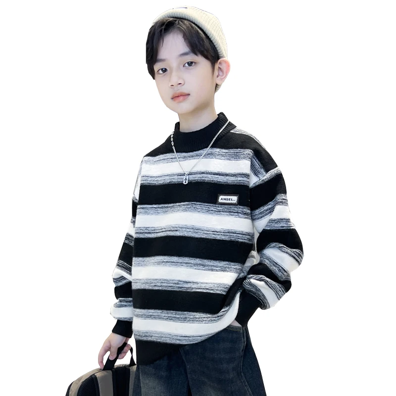 2025 Spring Children Fashion Striped Sweater For Boy Knitted Pullover Outfit Elegant Kids Teenager School Knitwear 4 To 14 Years