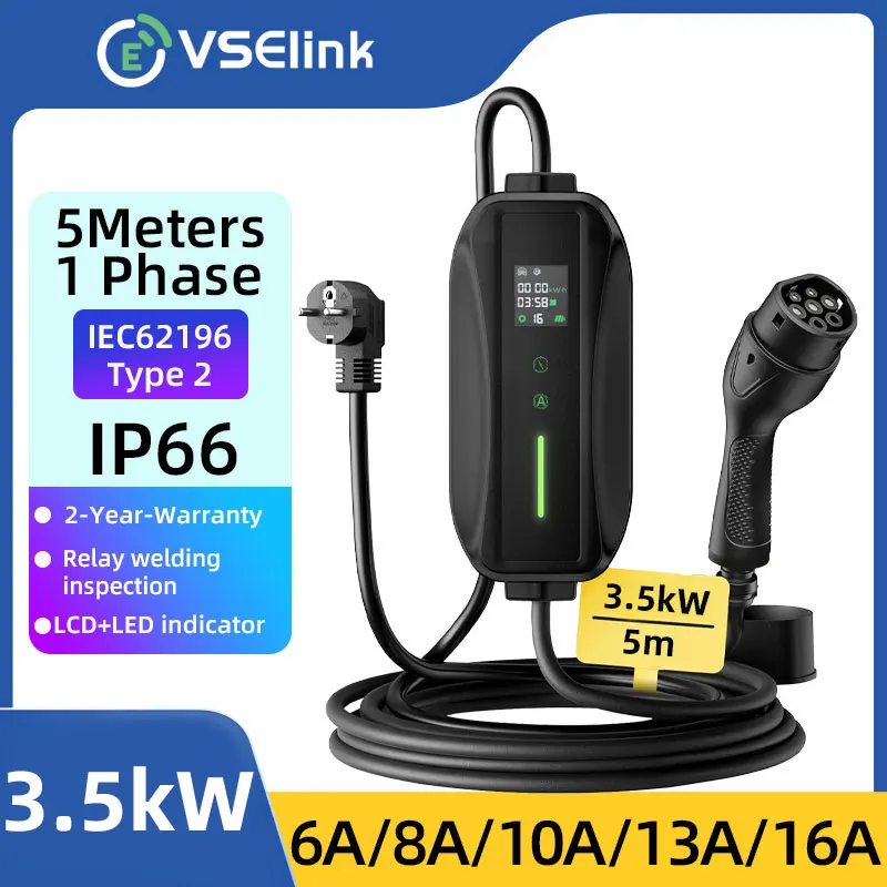 

EVSELink Protable EV Charger 230V GBT Car Charger 16A 3.5KW Car Accessories Type 2 Car Charger for Electric