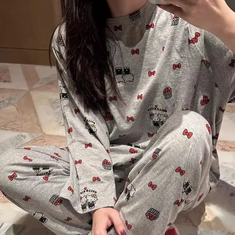 

Hello Kitty мультфильм девушка футболка с длинными рукавами комплект домашней одежды аниме Sanrio принт Kawaii весна осень новые брюки пижама сладкая