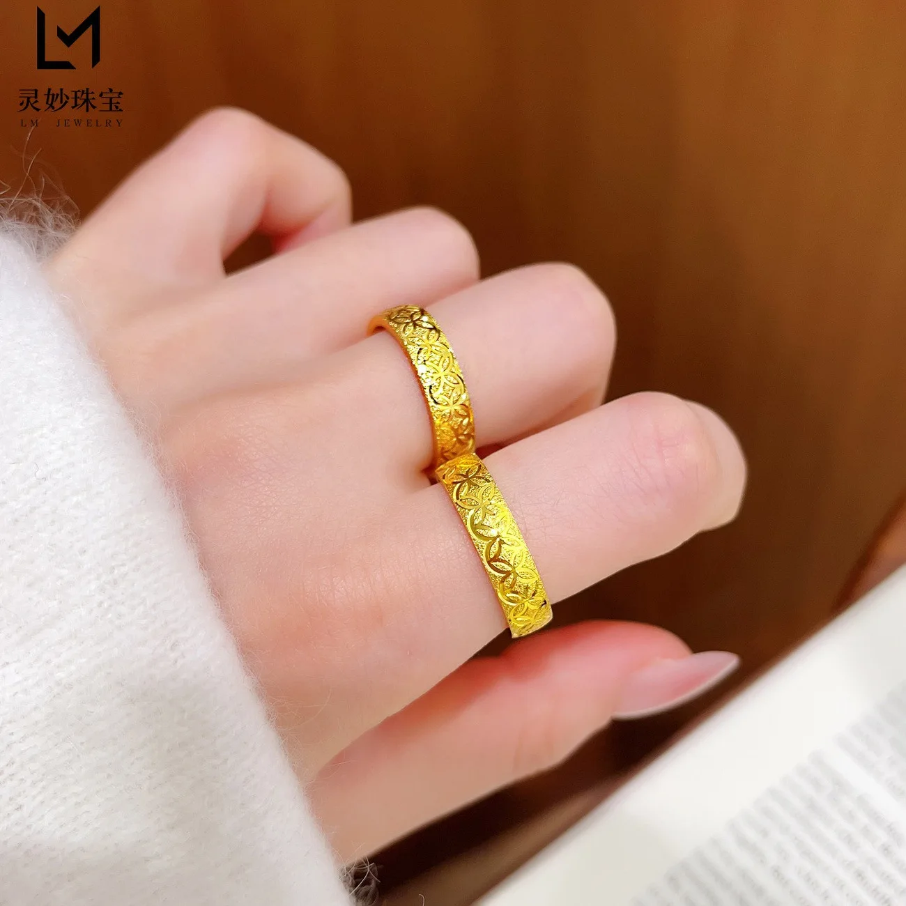 Solid & Heavy Coin Pattern Solid Ring For Men & Women 24K Gold AU999 | Full material, great wearing texture