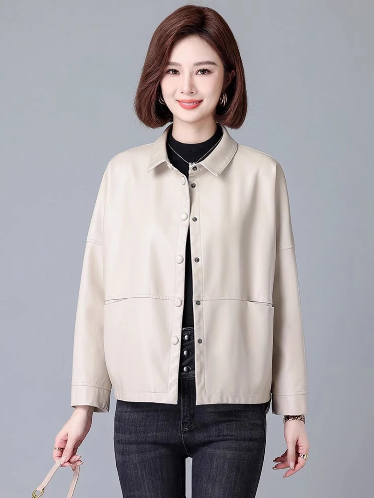 New Women Casual Loose Leather Jacket Spring Autumn Fashion Small Turn-down Collar Single Breasted Short Split Leather Coat