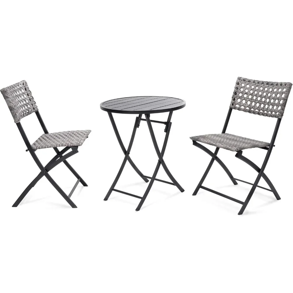 

3 Pc 3 Piece Folding Outdoor Bistro, Wicker Furniture Table and Chairs for Garden, Backyard, Porch, Patio Conversation Set