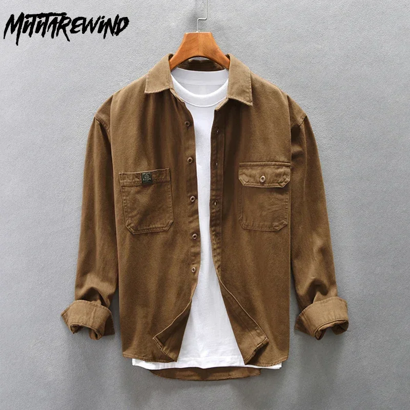 

Японская ретро-рубашка-карго для мужчин, с длинным рукавом, из чистого хлопка, повседневная, с двумя карманами, свободного кроя, весна-осень, Chemise Homme