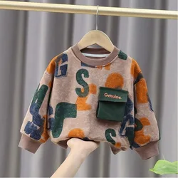 Boys Hoodie Spring and Autumn 2024 New Pullover Round Neck Patchwork Printed Letters Stylish and Casual Loose Long Sleeved Tops