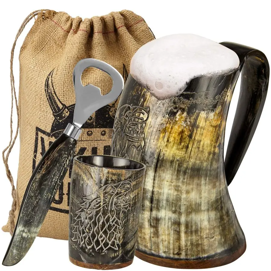 

Horn Mug Gift Set Christmas Gifts for Men 16oz Beer Tankard, Shot Glass, Bottle Opener Medieval Drinking Horn Stocking Stuffer f