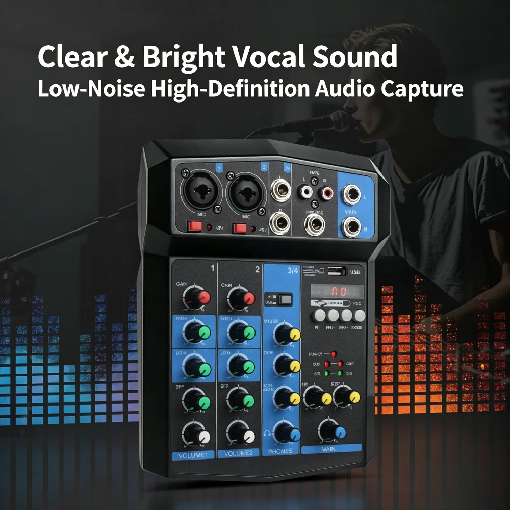 4 Channel Audio Mixer Console Mini BT USB Sound Card Low‑Noise, Reverb EQ Control for Karaoke Live Home Studio