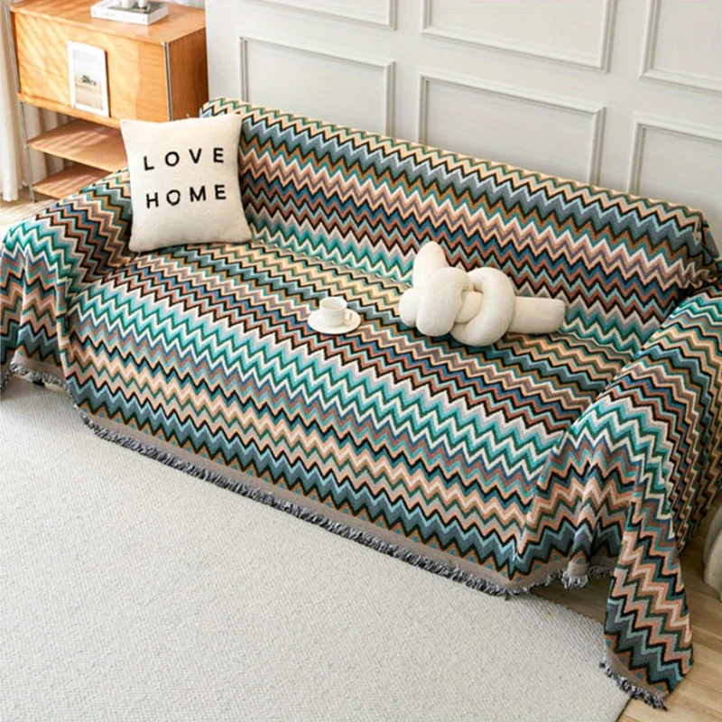 

1PC Ethnic Sofa Towel Wave Print Jacquard Sofa Blanket, With Tassels Four Seasons Universal Double Face Usable Home Decor