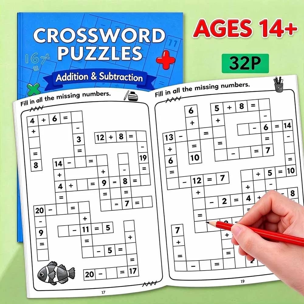 32Pg Math Crossword Workbook,Add Subtract Practice,Number Tracing Coloring,Pencil Fun Edu Learn,Homeschool Back2School Supplies