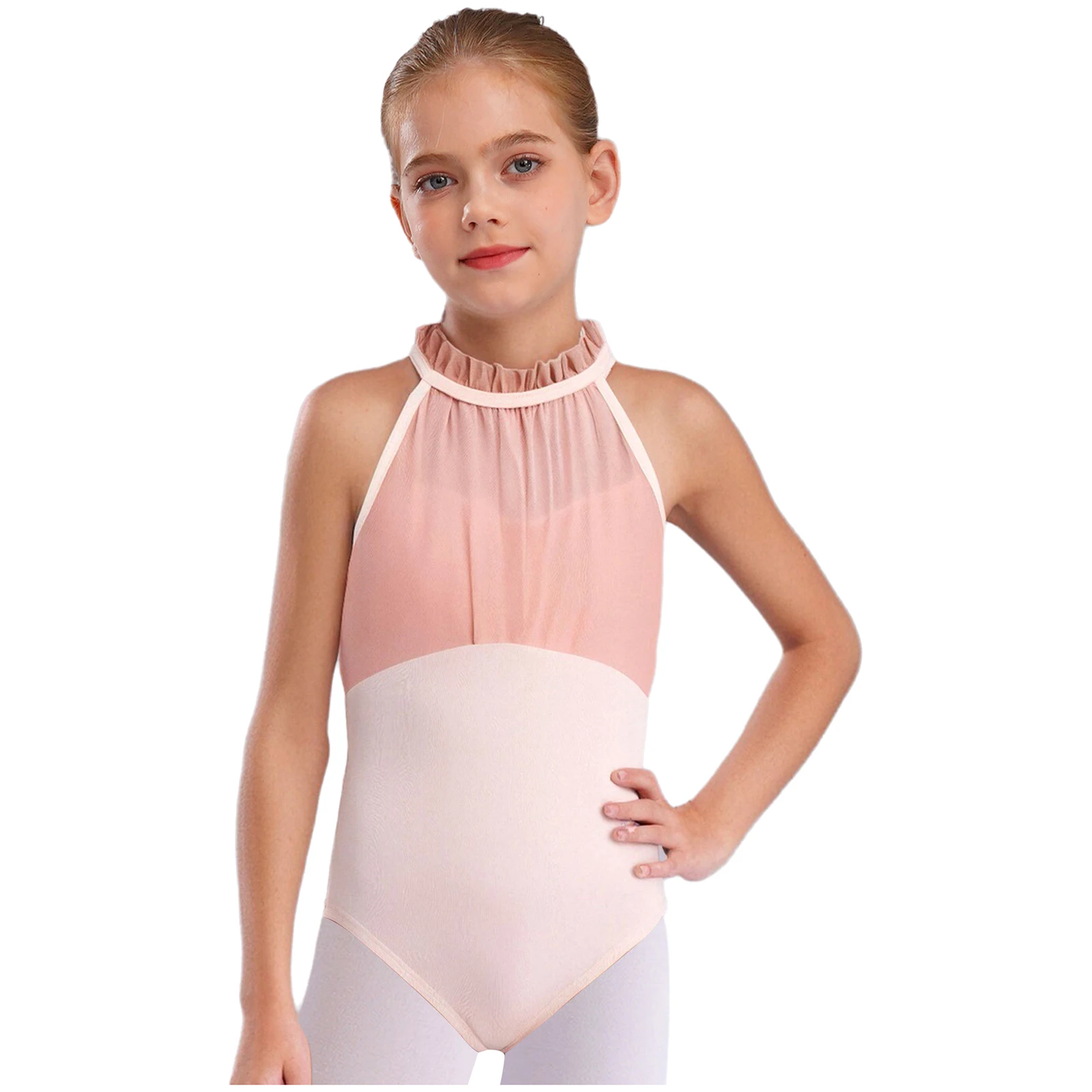 

Kids Girls Ballet Dance Costume Sleeveless Backless Ruched Sheer Mesh Bodice Gymnastics Lyrical Leotard Ballet Yoga Dancewear