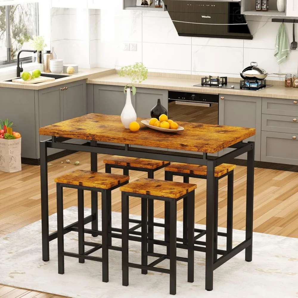 Industrial Counter Height Bar Table and 4-Chair Set | 5-Piece Pub Dining Table Set for Home Kitchen