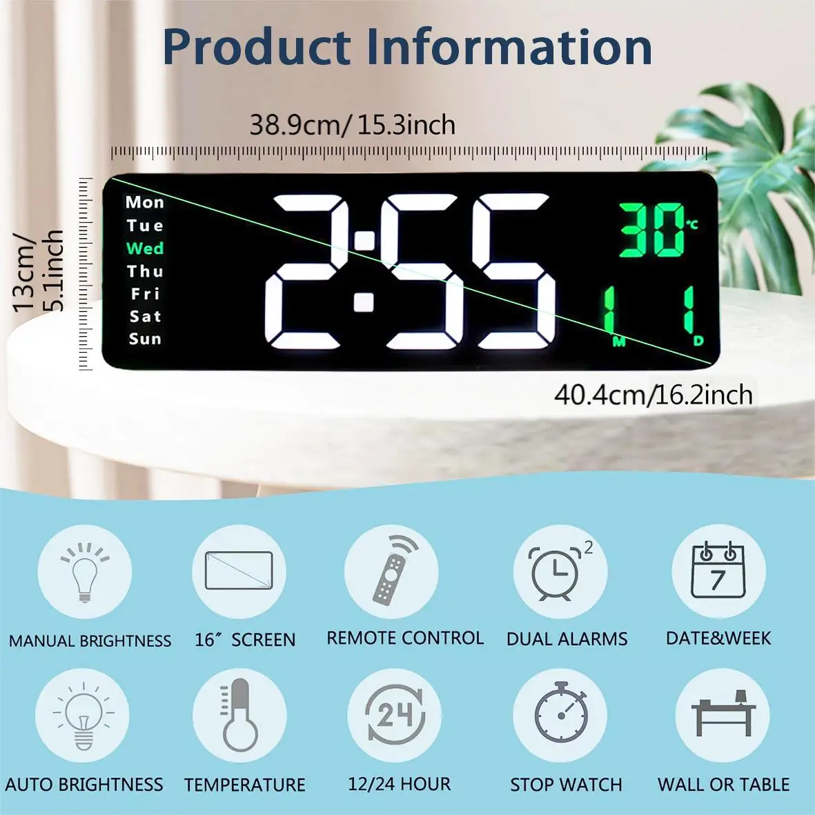 16 بوصة شاشة كبيرة متعددة الوظائف عرض ساعة الشمال الرقمية Vlock بسيط غرفة المعيشة ساعة LED التحكم عن بعد ساعة حائط