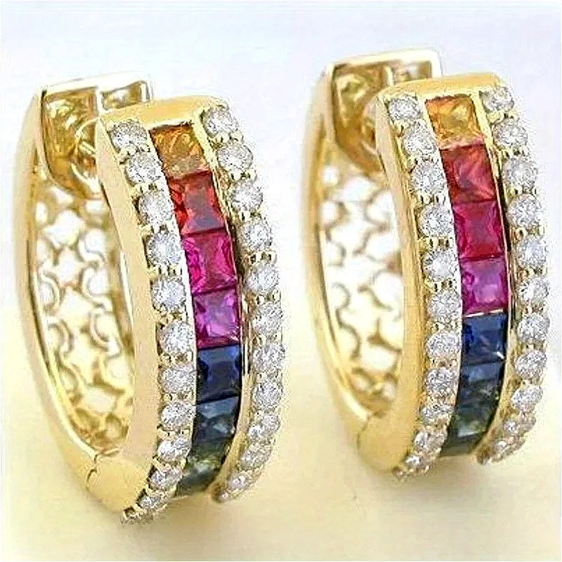 Fashion Sparking Inlaid Colored Synthetic Zirconia Hoop Earrings for Women's Vinatge Exquisite Golden Plated Jewelry Accessories