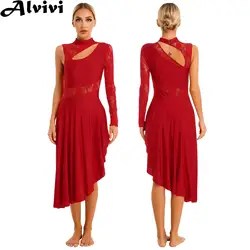 Feminino moderno vestido de dança lírica sem mangas sem costas pura malha renda irregular hem collant vestidos ballet ginástica traje