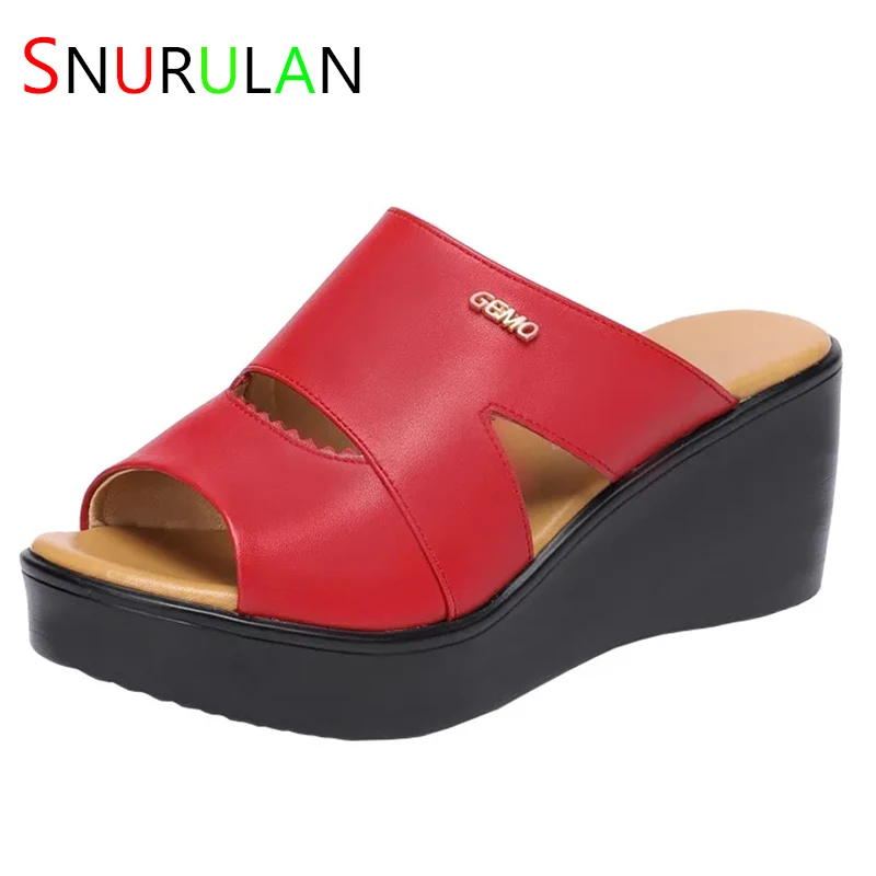 

Plus Size 33-43 Casual Outside Medium Heels Platform Wedges Slippers Women Shoes Summer 2023 Beach Office Soft Leather