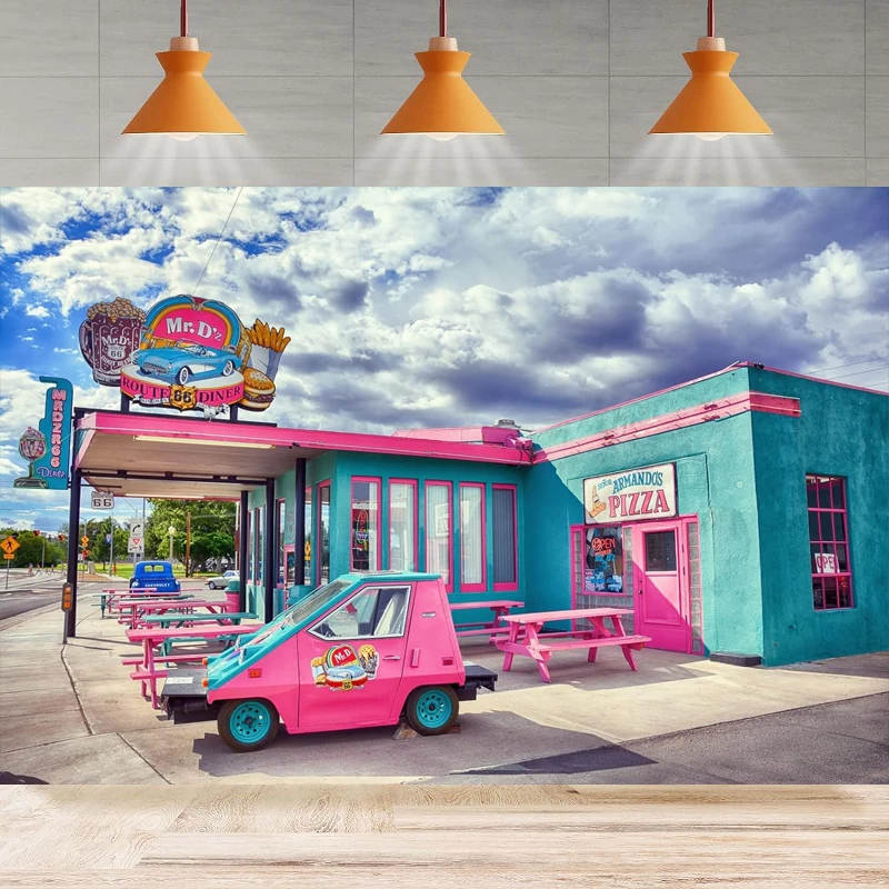 

Route 66 Retro Restaurant Photography Backdrop Party 50s Route Diner Fast Food Store Background Wall Home Party Decor Banner