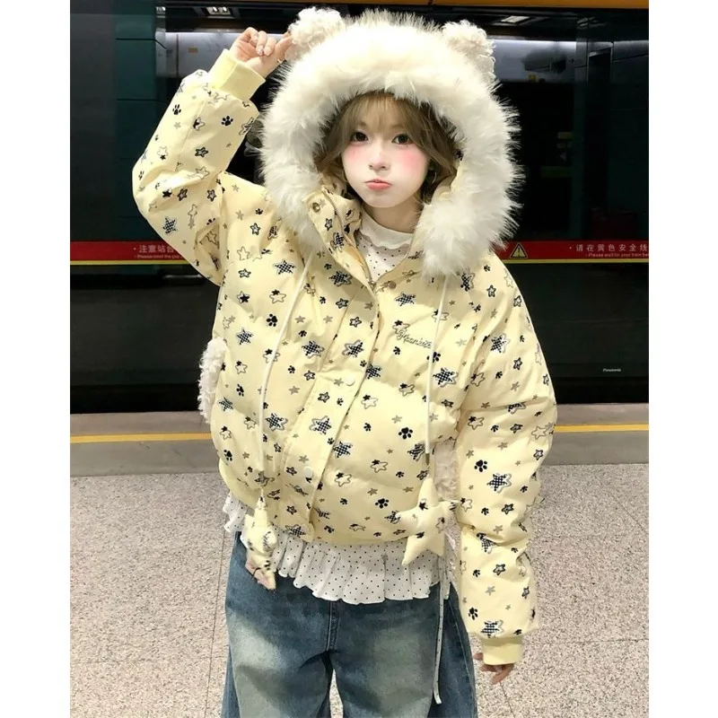 

Sweet Girl Cute Hooded Stars Full of Fur Collar Ears Cotton Coat Women's Autumn and Winter Thickened Warm Loose Cotton Coat