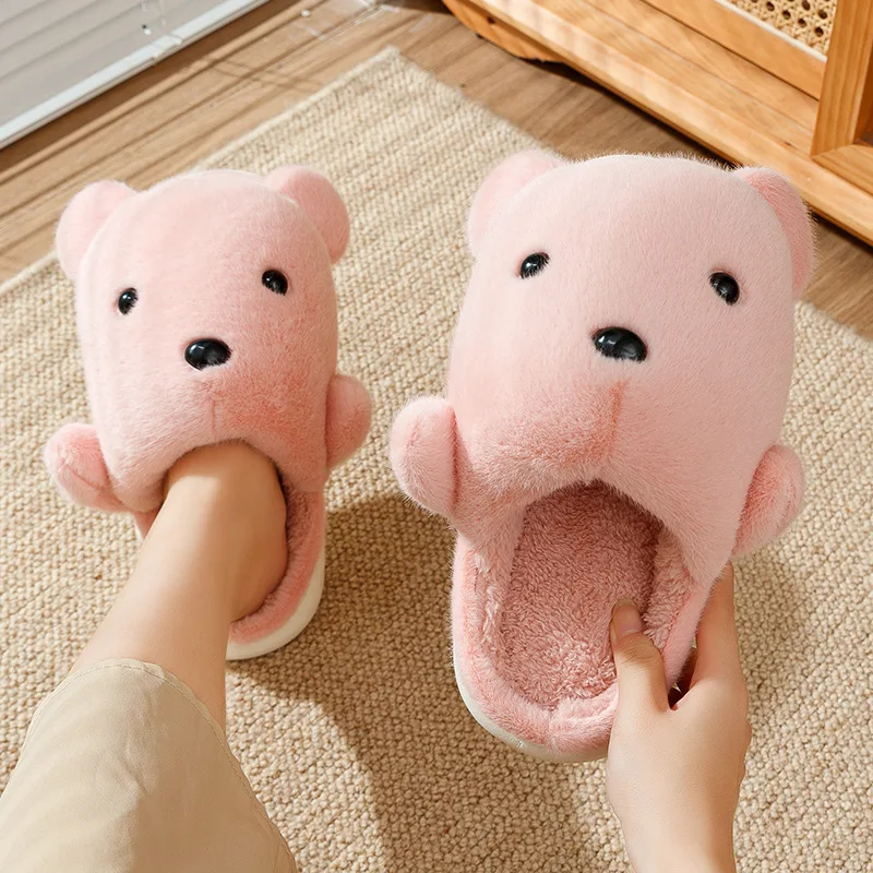 Cartoon Bear New Cotton Shoes Women's Winter Indoor Home Thick Sole Non-slip Outer Wear Cute Velvet Warm Cotton Drag Men's