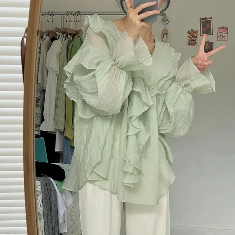 Solid Puff Sleeve Blouse Women Ulzzang Elegant Temperament V-neck Ruffles High Street All-match Daily Summer Leisure Sweet Tops