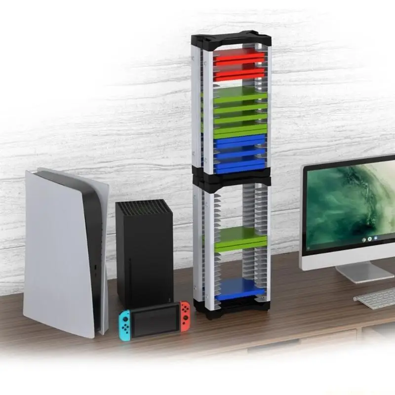 F62C Stable Video Game Storage Tower Holder Shelf Rack Stand for   Switch  Disk Tower Storage Racks with Hooks