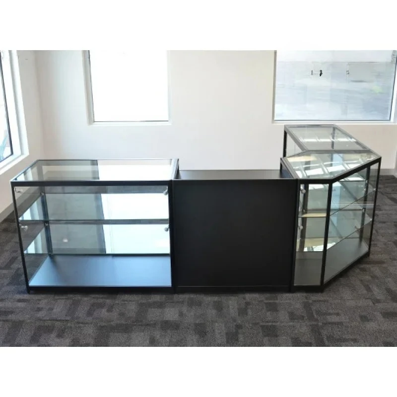 Style Custom，L Shaped Aluminum Supermarket Retail Shop Turn Corner Glass Display Showcase Shopping Mall Lockable Displa