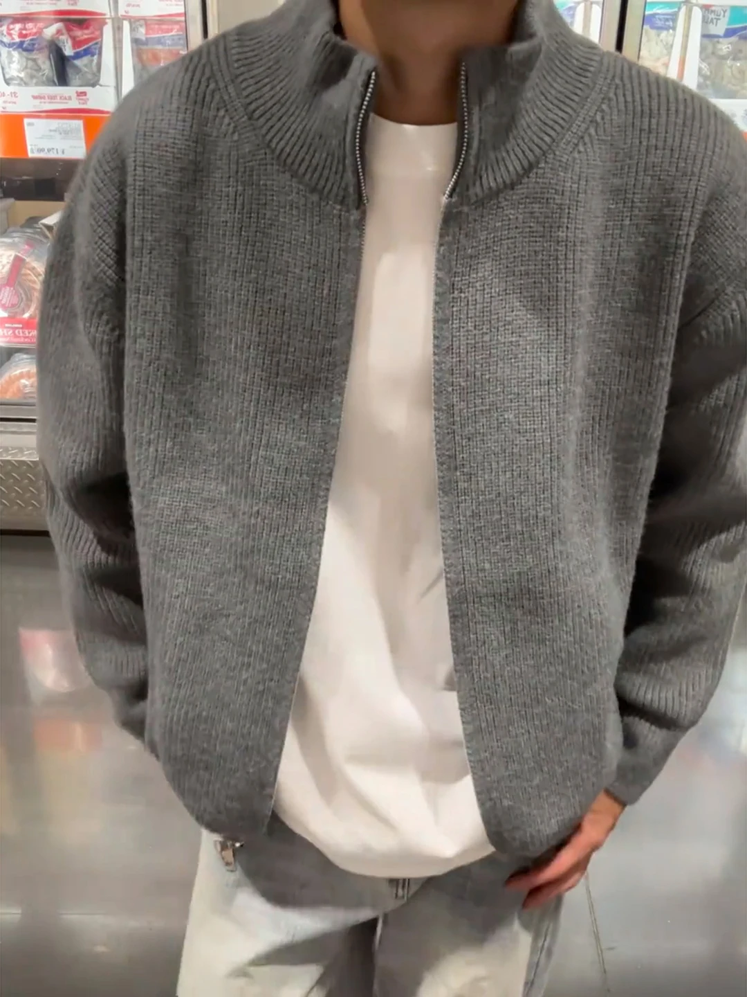 

Легкий вязаный кардиган с высоким воротником и ребристой текстурой для мужчин, в корейском стиле, свободного кроя, для ранней осени, повседневный, удобный, дышащий