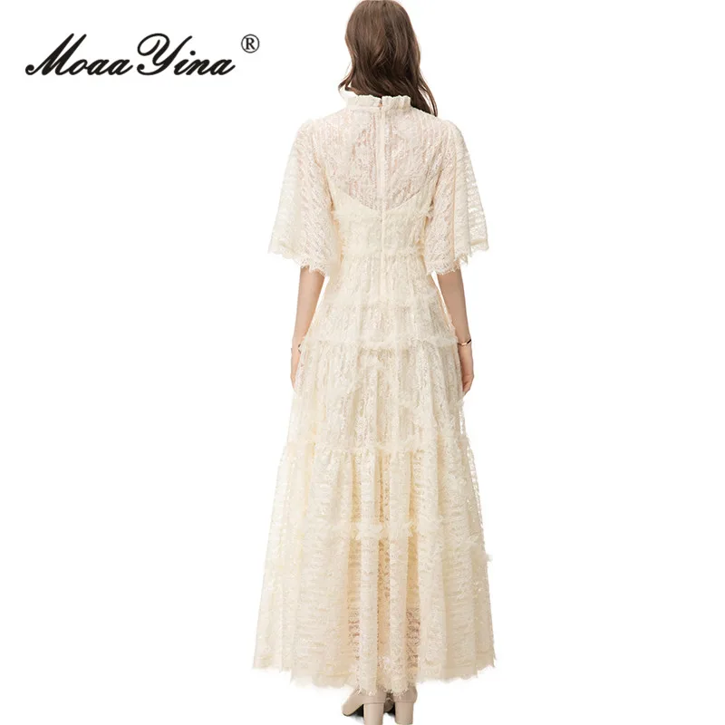 MoaaYina Spring Fashion Designer Beige Vintage Party Dress Women O Neck Half Sleeve Mesh Ruffles Lace High Waist Slim Long Dress