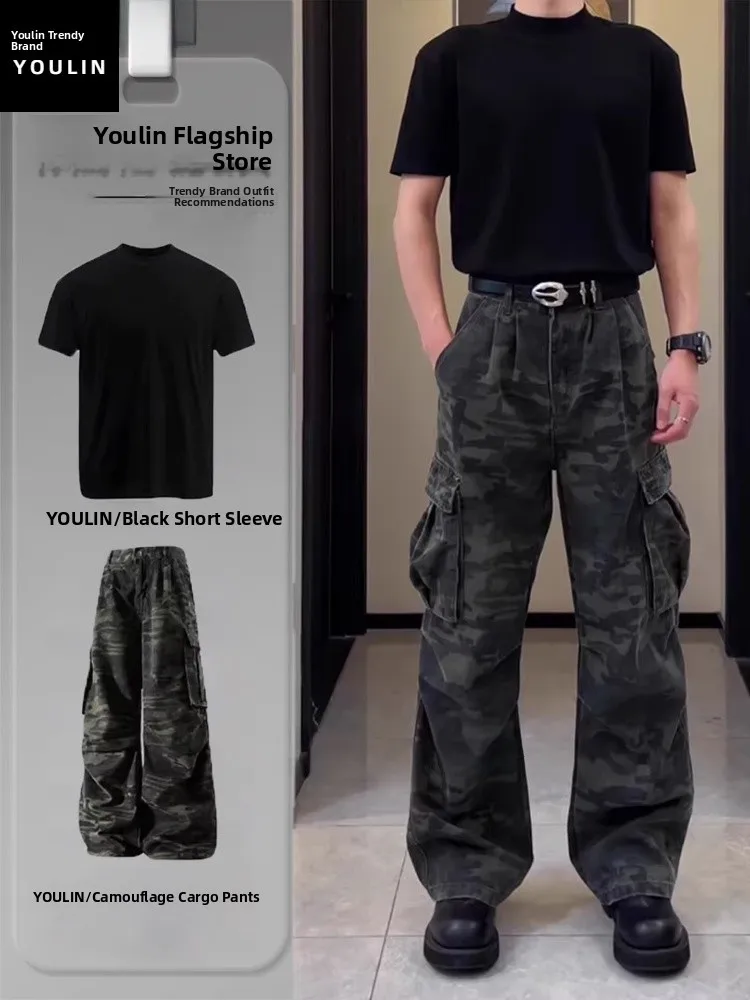 

Крутые мужские камуфляжные рабочие брюки прямого кроя, широкие джинсы, комплект: футболка с коротким рукавом и молодежные джинсы. Весенняя повседневная спортивная одежда.