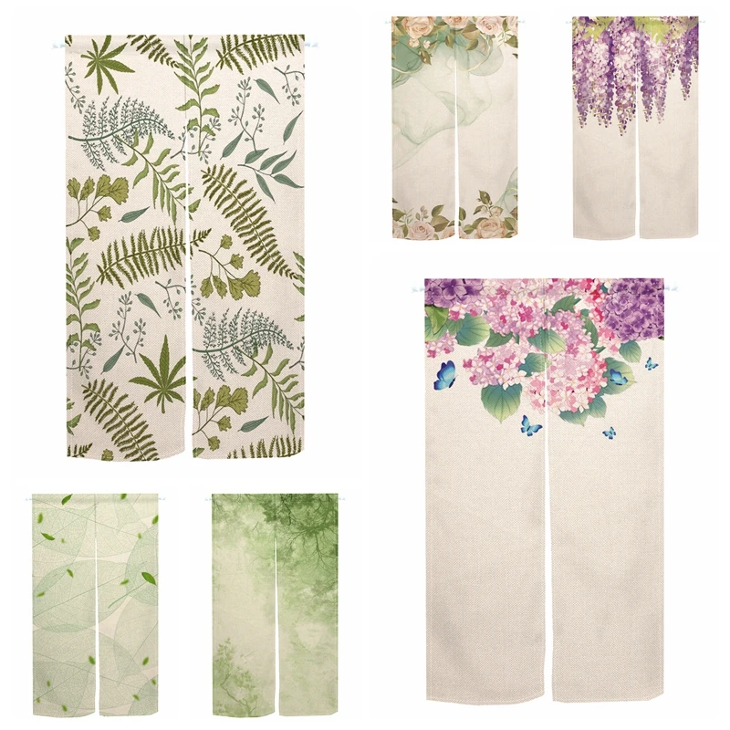 Nature Leaf Noren Door Curtains Floral Linen Doorway Curtains Bedroom Kitchen Decoration Restaurant Kitchen Velcro Half-curtains