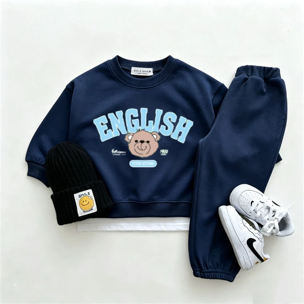 Boys And Girls Autumn Outfits Lovely Print Hoodies Solid Color Pants 2pcs New Style Cartoon Pullovers Simple Versatile Pants