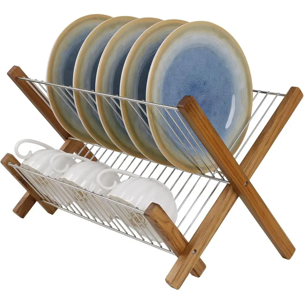 

Dish Drying Rack 2 Tier,Collapsible StainlSteel & Teak Wood Dish Drying Rack,oldable Dish Drainer or Plates,Cups,Kitchen Counter