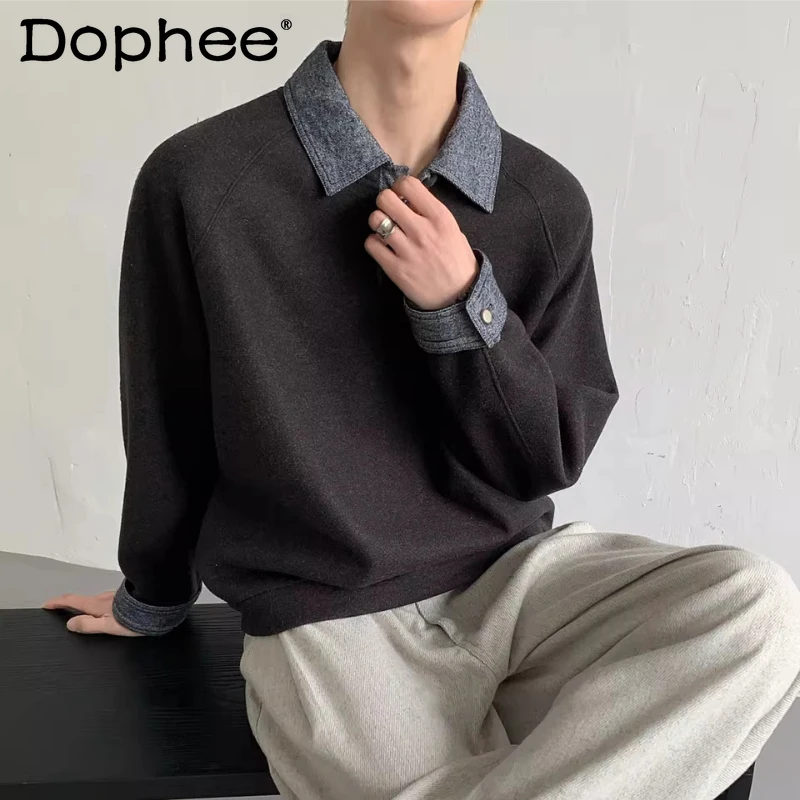 

Men Women 2026 Spring New Warm Sportswears Faux Two-Piece Shirt Collar Sweatshirts Men Loose High-End Long Sleeve Comfort Tops