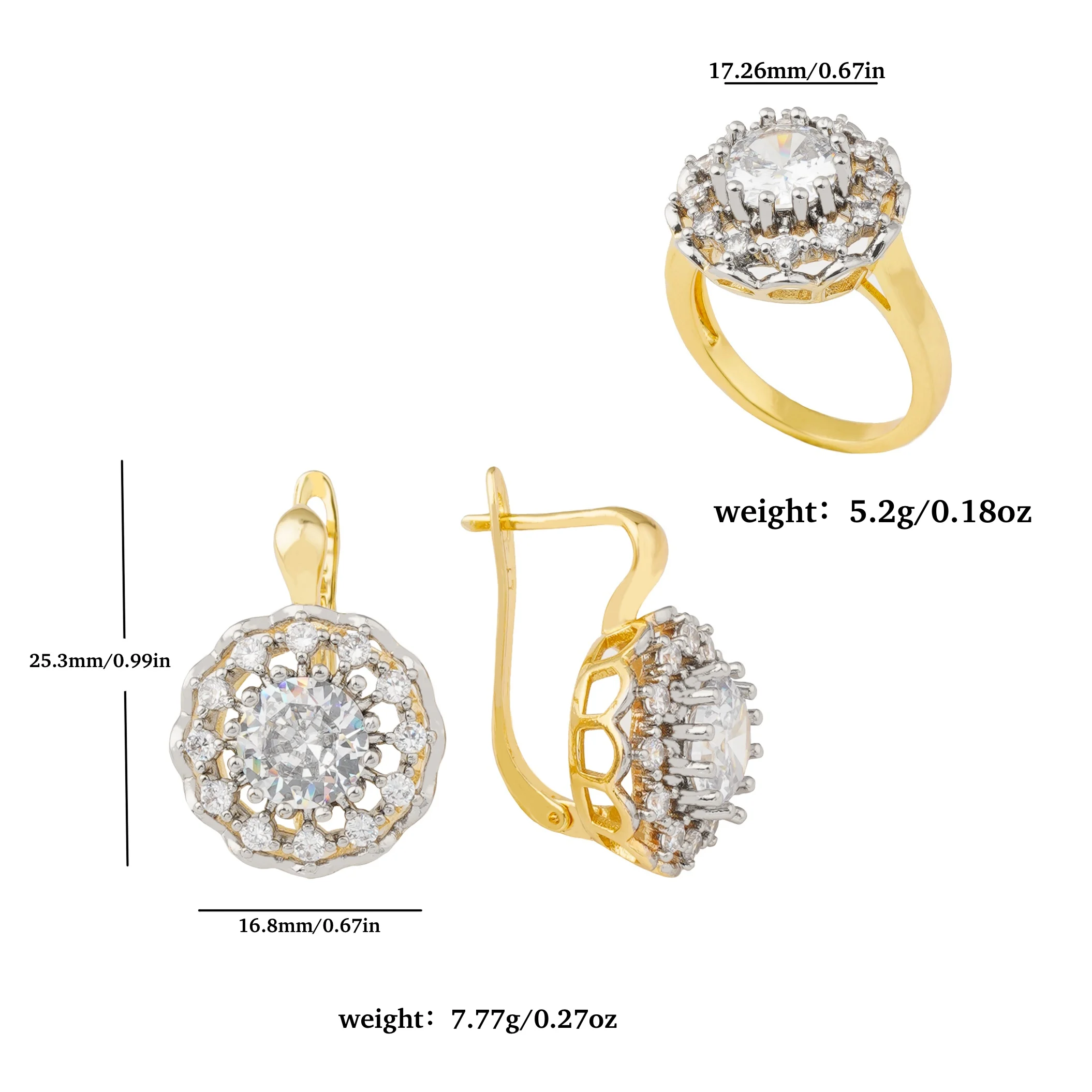 LUYIN Well-Chose Sun Shape Design Earrings Ring Set For Woman Copper Inlaid Cubic Zircon Plated 14K Gold 2 Color For Party Gift