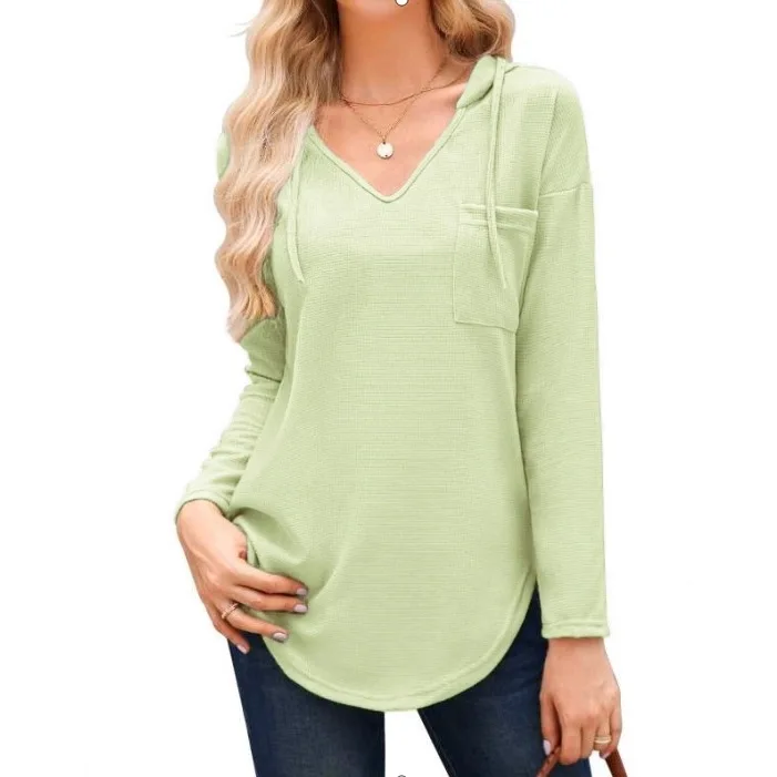 

2026 Women's New Fashion Casual Comfortable Slim Daily Commuting Solid Color V-neck Long-sleeved Drawstring Hoodie for Women