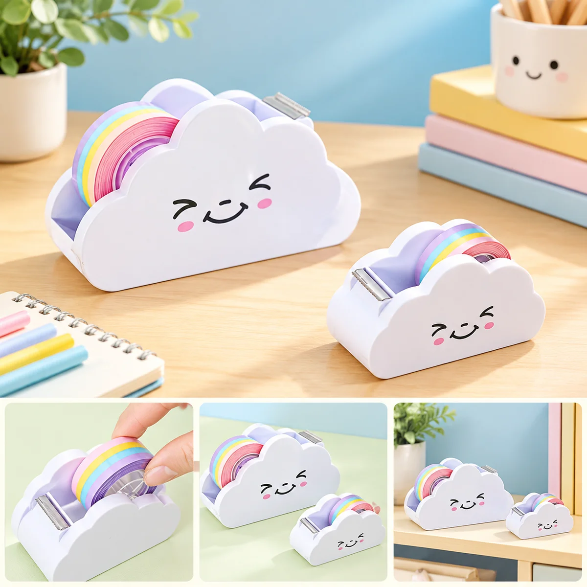 Cloud Tape Dispenser Set with Rainbow Pastel Tape Roll, White Smiling Desk Tape Holder with Cutter for Crafts and Stationery