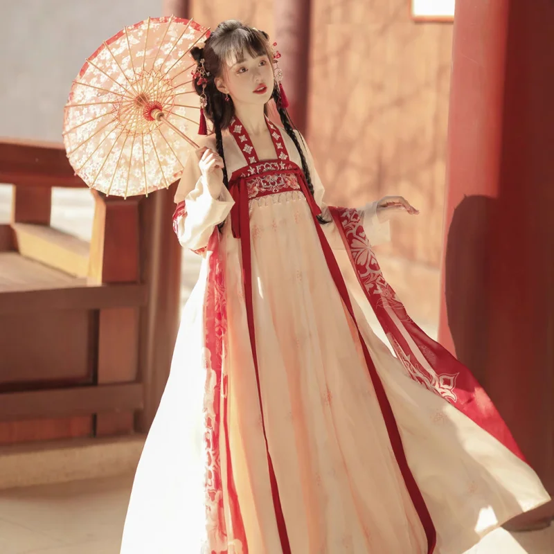 المرأة الأصلية Hanfu تانغ سلالة مستوحاة Qixiong Ruqun الزي النمط الصيني ربيع الخريف ارتداء اليومي مع الأشرطة الكتف