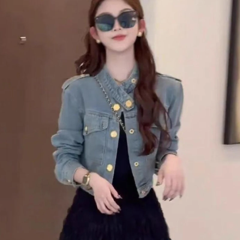 

New Popular Styles Spring Autumn Wear Denim Short Jacket Women's Gold Buckle Casual Fashion Jacket Top High Street Comfort Coat