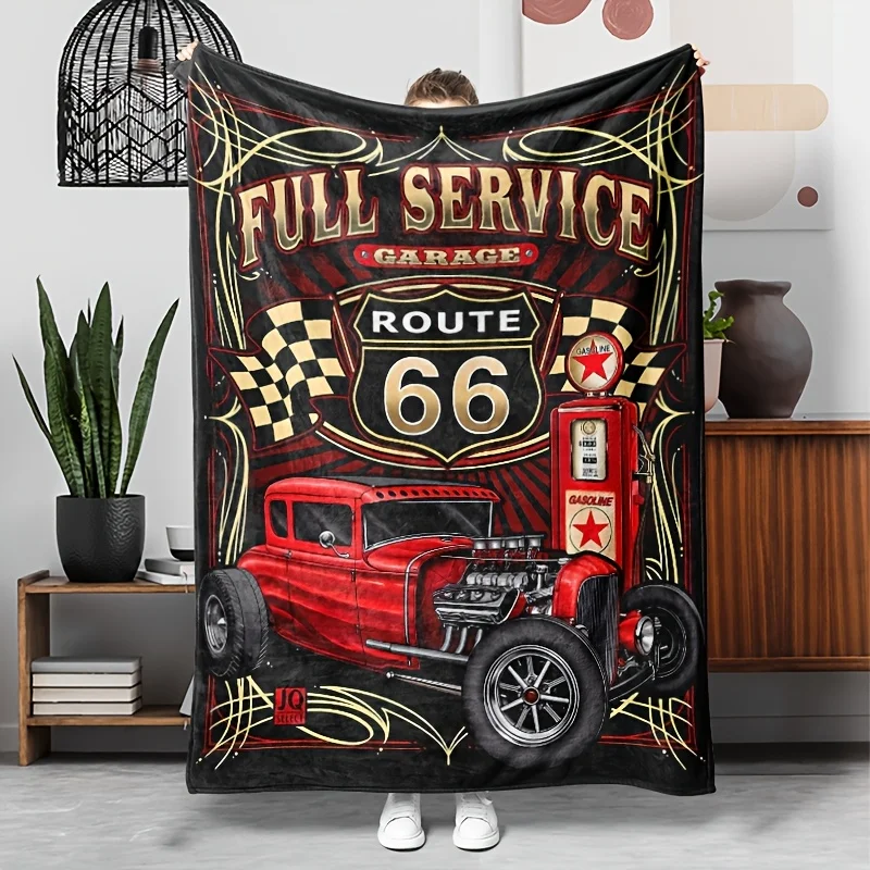 Route 66 Car Flannel Blanket – Retro Red & Black, “Full Service” Design, All-Season Throw for Sofa, Bed, Camping & Travel
