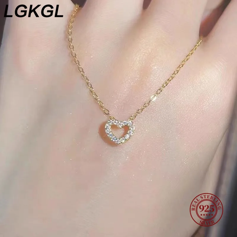 

LGKGL100% 925 Sterling Silver Simple Zircon Heart Pendant Clavicle Chain Necklace Women Classic Fashion 14k Gold Plating Jewelry