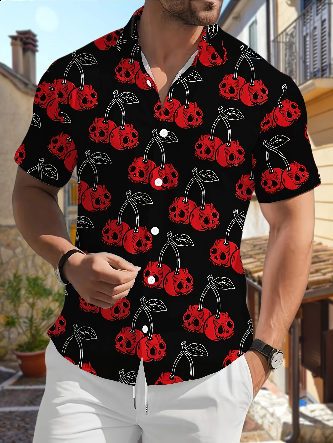 Unisex Loose Button Down Shirt Creative Cherry Skull Graphic Print Camp Collar Short Sleeve Outdoor Leisure Tops