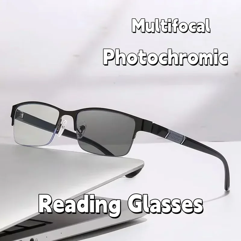 Photo Sensitive Color Changing Multifocal Reading Glasses for Middle-aged and Elderly Men's Business Half Frame Reading Glasses