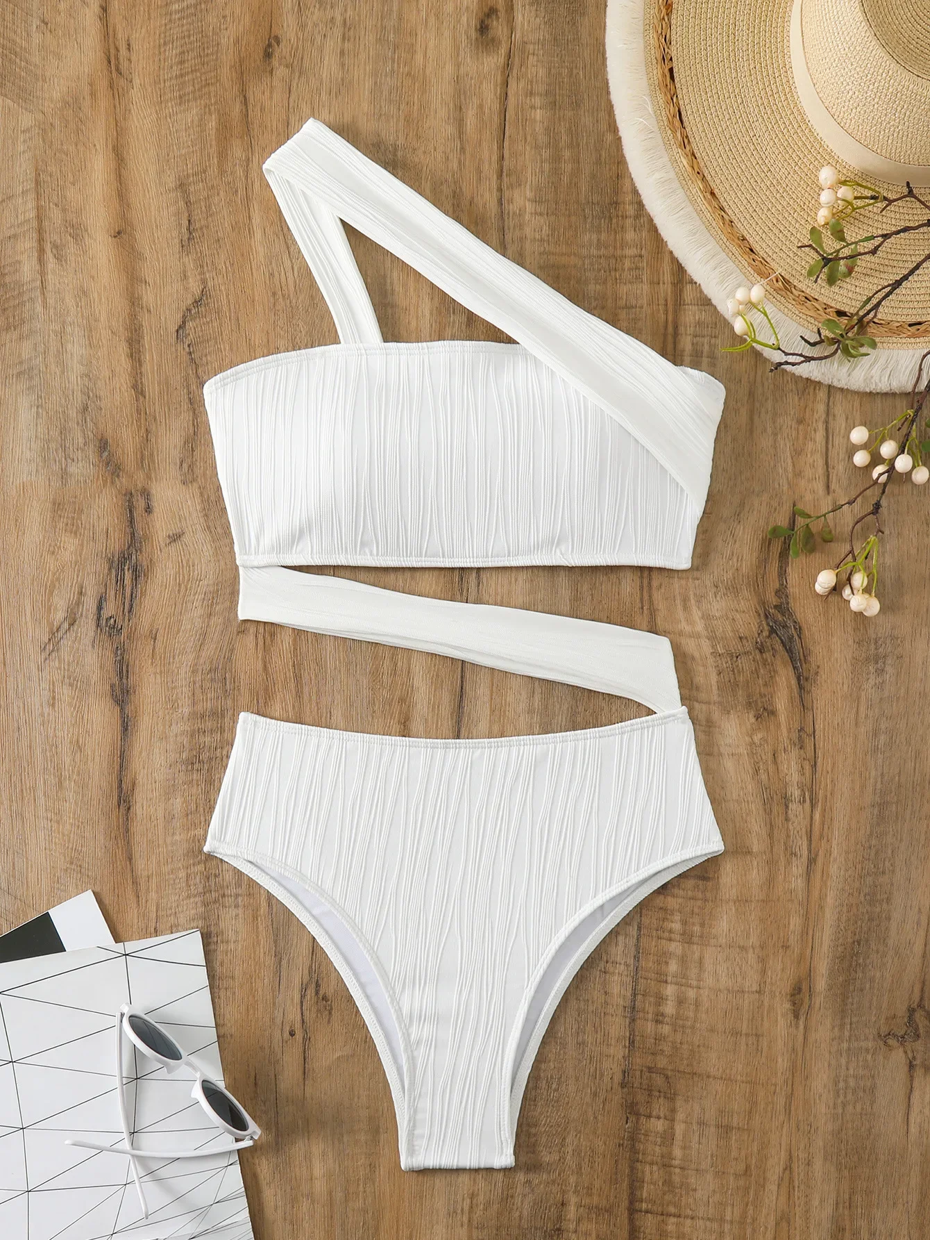 Sexy um ombro conjuntos de biquinis 2025 feminino branco oco para fora push up cintura alta maiô verão duas peças